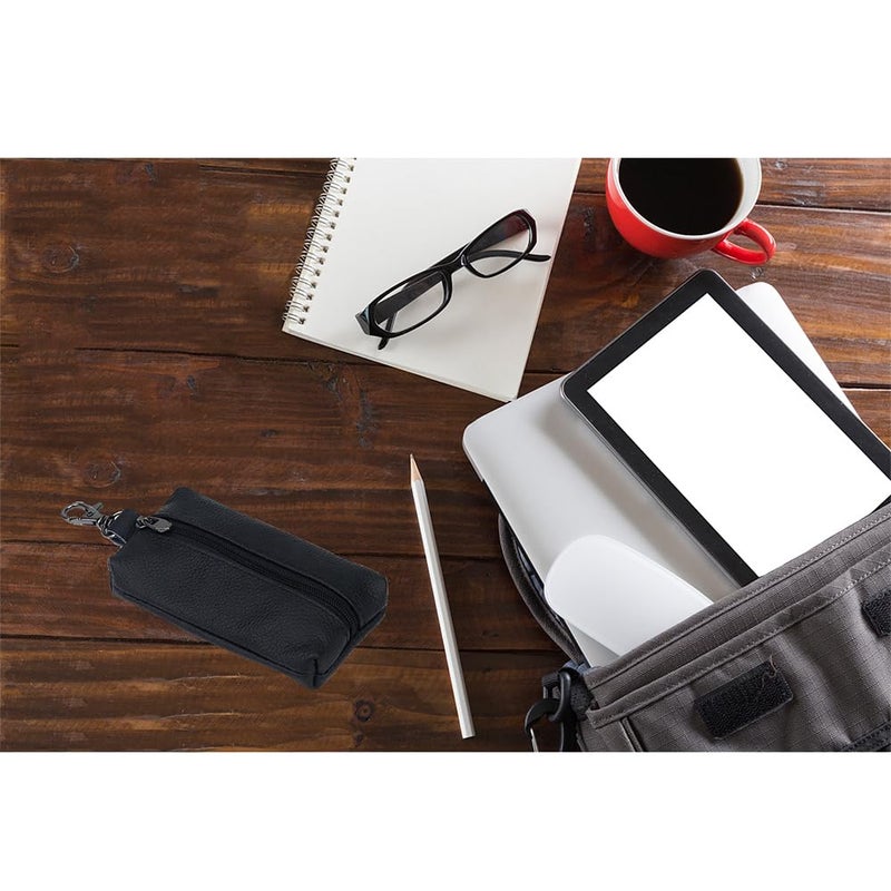 AUONY Unisex Genuine Leather Key Case Wallet Pouch Bag Keychain Holder with Key Ring & Zipper (Black) - Image 4